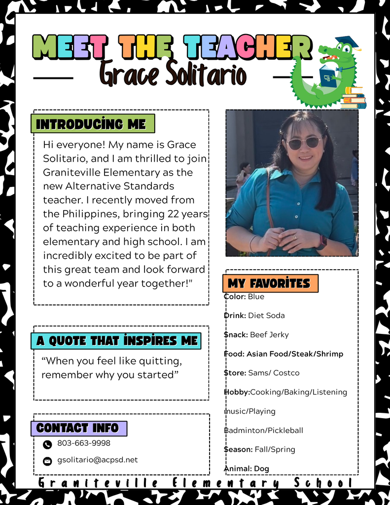 Flyer to introduce  teacher Grace Solitario. She is pictured wearing a blue shirt and smiling at the camera. 
