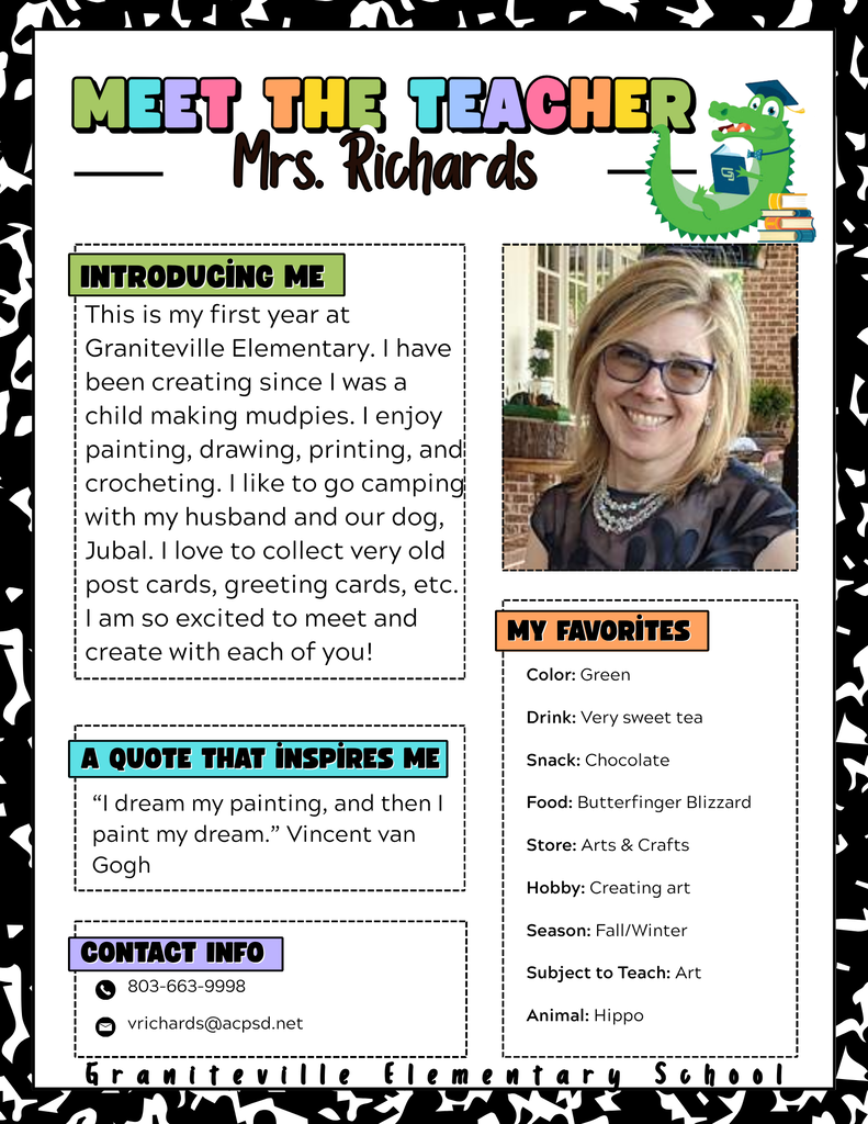 Flyer to introduce  Art teacher Mrs. Richards. She is pictured wearing a black shirt and sunglasses,  and she smiling at the camera. 