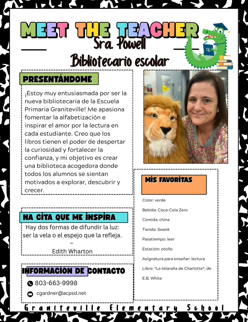 La imagen es un folleto que presenta a la nueva bibliotecaria de la Escuela Primaria Graniteville, la Sra. Powell. Ella lleva un vestido de flores y sonríe a la cámara.