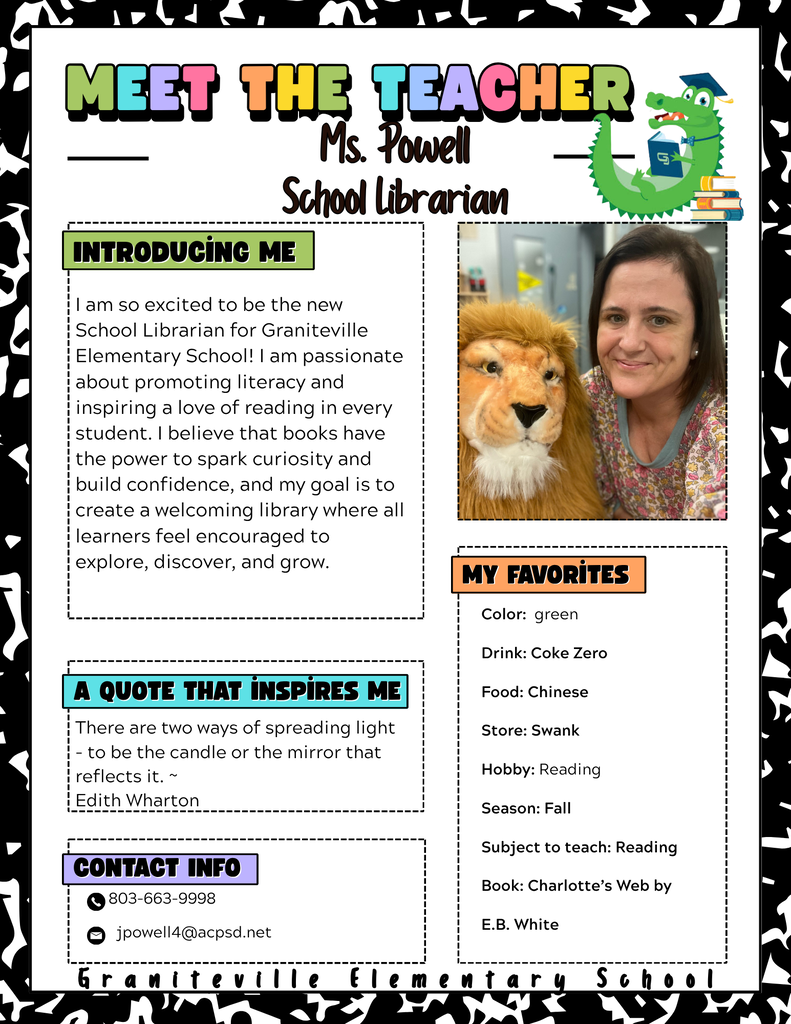 Image is a flyer introducing the new librarian for Graniteville Elementary School, Ms. Powell. She is wearing a floral dress and smiling at the camera. 