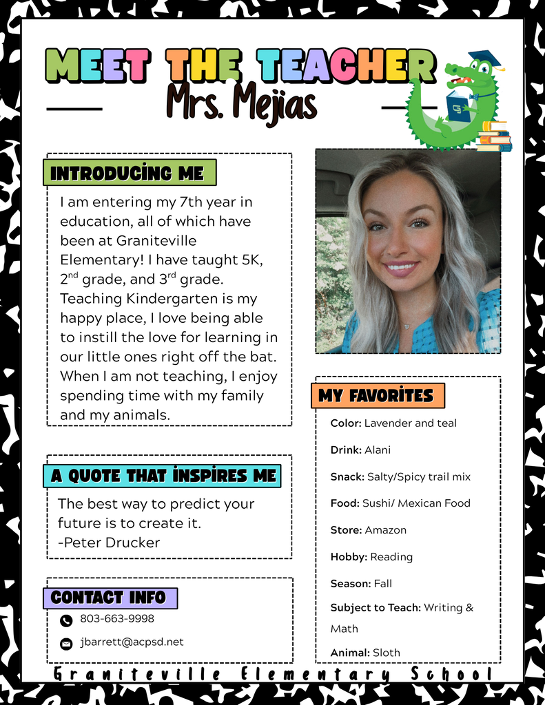 Flyer to introduce  teacher Mrs. Mejias. She is pictured wearing a blue shirt and smiling at the camera. 