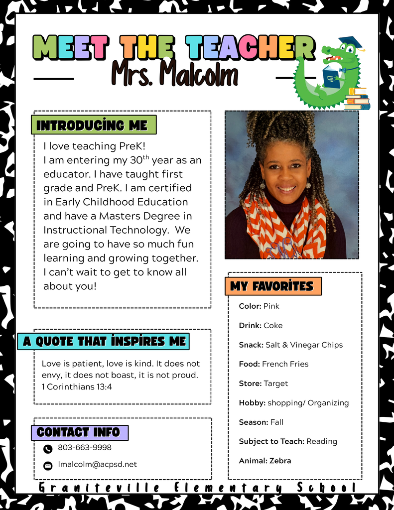 Flyer to introduce  4k teacher Mrs. Malcolm. She is pictured wearing an orange and white scarf and smiling at the camera. 