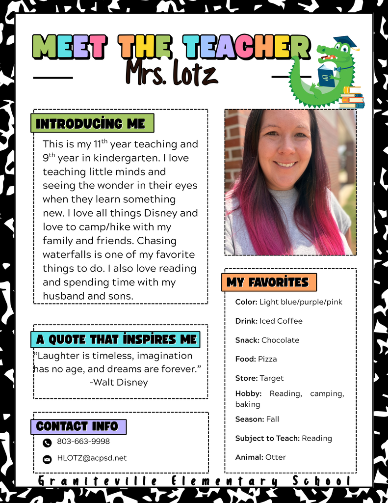 Flyer to introduce  Kindergarten teacher Mrs. Lotz. She is pictured wearing a white tshirt and smiling at the camera. 