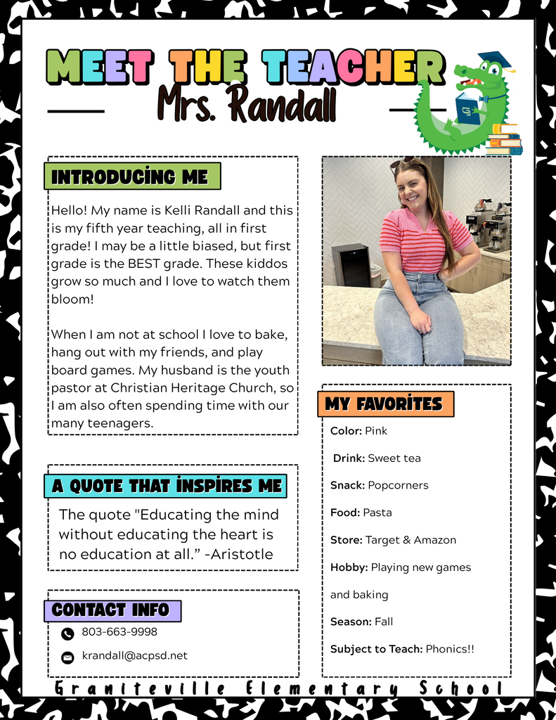 Image is a flyer introducing Mrs. Randall,  a first grade teacher at Graniteville Elementary School. She is wearing a pink shirt and smiling at the camera. 