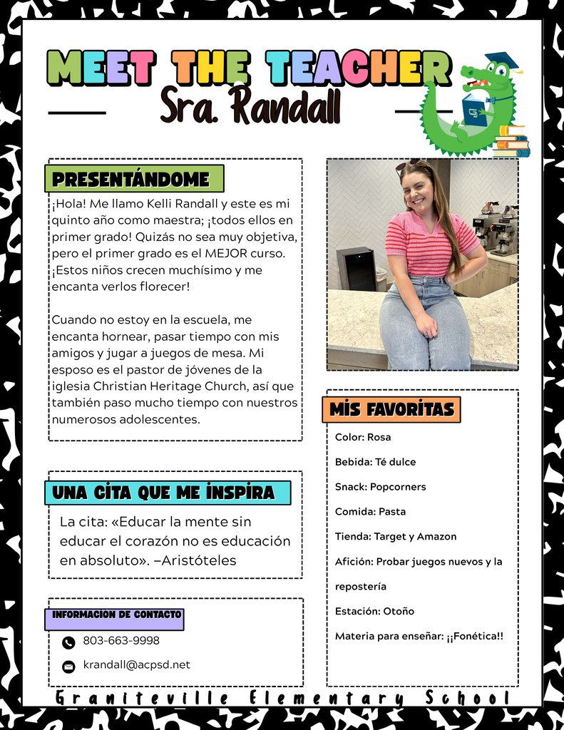 La imagen es un folleto que presenta a la Sra. Randall, maestra de primer grado de la Escuela Primaria Graniteville. Lleva una camisa rosa y sonríe a la cámara.