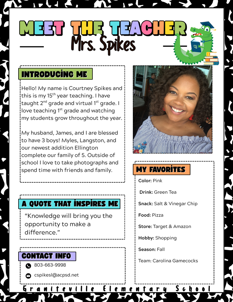 Image is a flyer introducing Mrs. Spikes, a second grade teacher at Graniteville Elementary School. She is wearing a blue shirt and smiling at the camera.