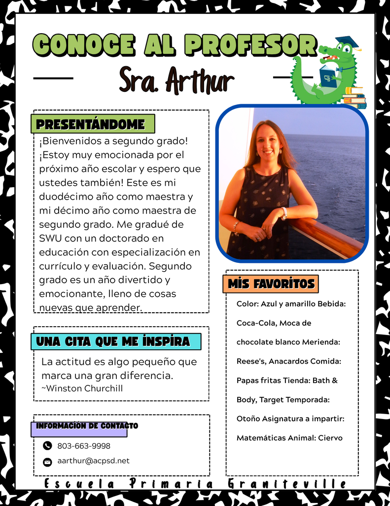 La imagen es un folleto que presenta a la Sra. Arthur, maestra de segundo grado en la Escuela Primaria Graniteville. Lleva puesto un vestido negro y sonríe a la cámara.