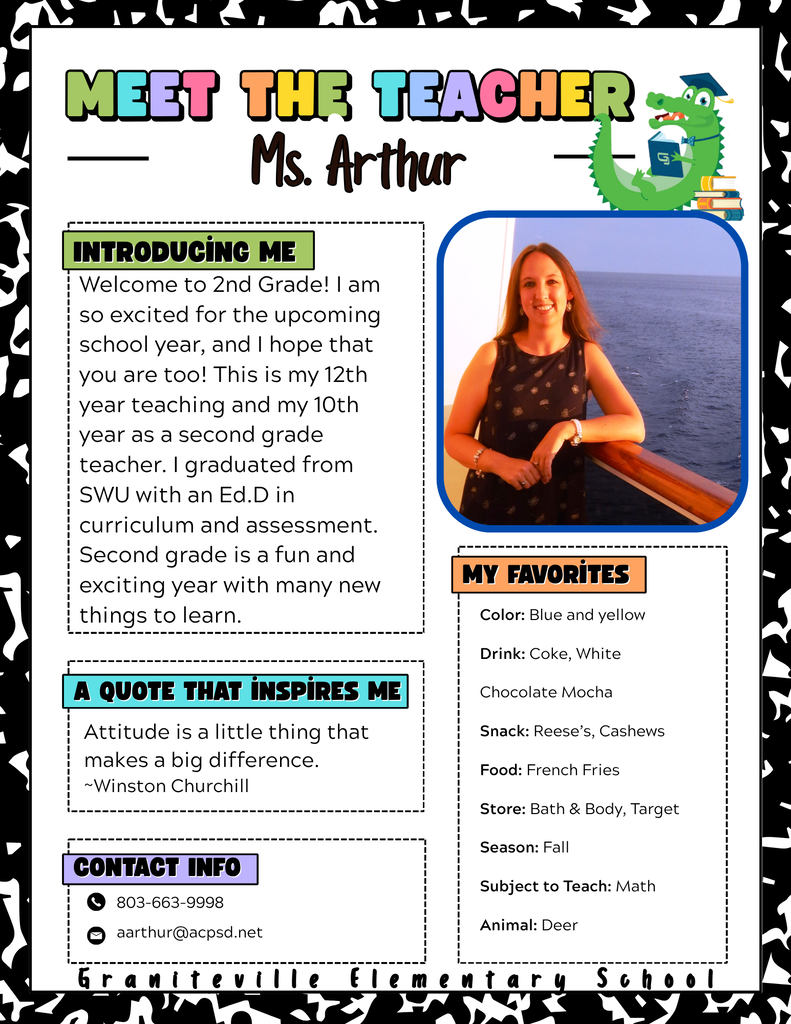 Image is a flyer introducing Ms. Arthur, a second grade teacher at Graniteville Elementary School. She is wearing a black dress and smiling at the camera.
