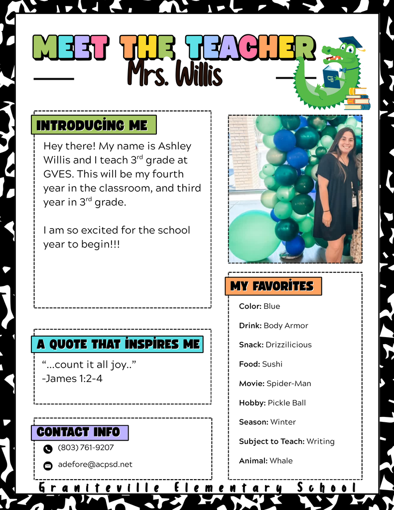 Image is a flyer introducing Mrs. Willis, who is a third grade teacher at Graniteville Elementary School. She is wearing black dress and smiling at the camera.