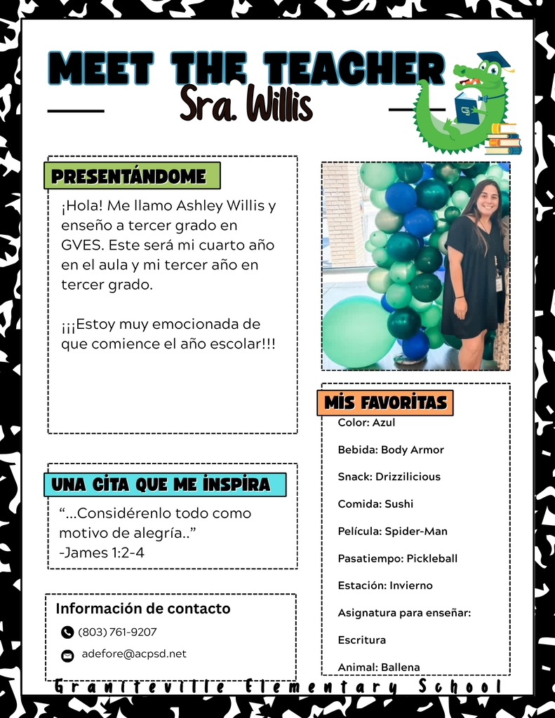 La imagen es un folleto que presenta a la Sra. Willis, maestra de tercer grado en la Escuela Primaria Graniteville. Lleva puesto un vestido negro y sonríe a la cámara.