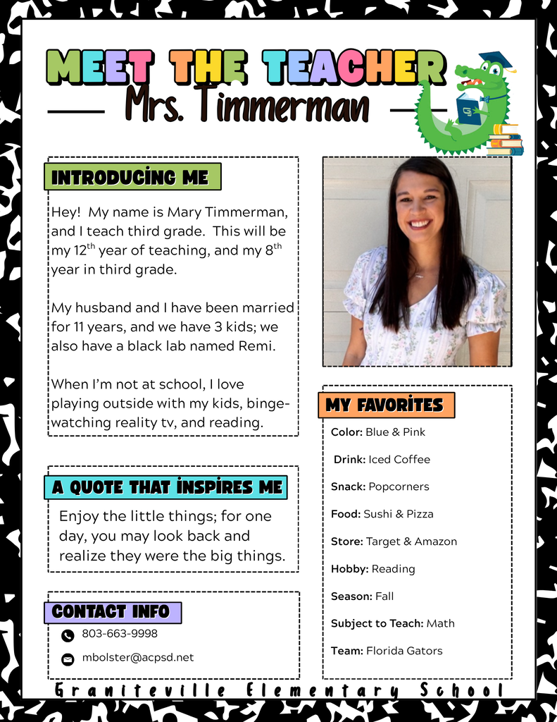 Image is a flyer introducing Mrs. Timmerman, who is a third grade teacher at Graniteville Elementary School. She is wearing a white dress and smiling at the camera.