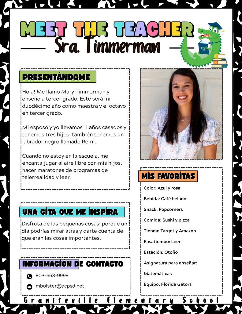 La imagen es un folleto que presenta a la Sra. Timmerman, maestra de tercer grado en la Escuela Primaria Graniteville. Lleva puesto un vestido blanco y sonríe a la cámara.