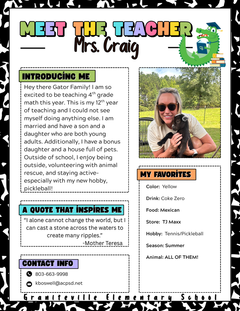 Image is a flyer introducing Mrs. Craig a fourth grade teacher at Graniteville Elementary School. She is wearing sunglasses and smiling at the camera.
