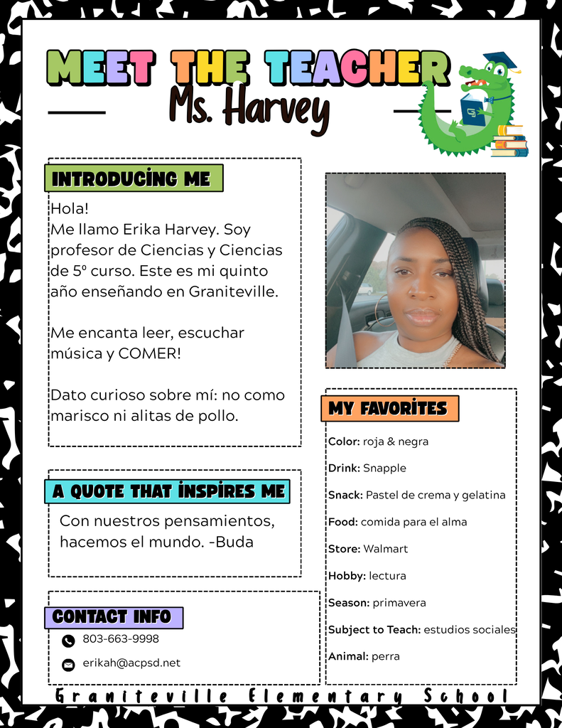La imagen es un folleto que presenta a la Sra. Harvey, maestra de quinto grado en la Escuela Primaria Graniteville. Lleva una blusa blanca y sonríe a la cámara.