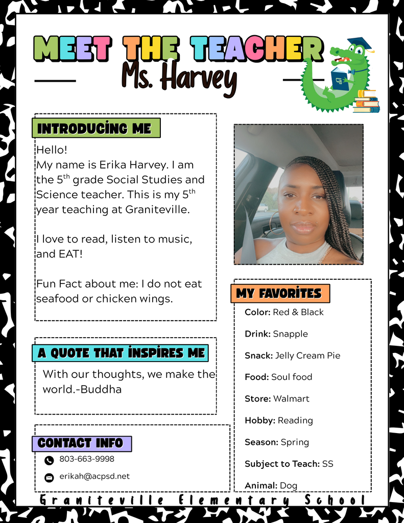Image is a flyer introducing Ms. Harvey, who is a fifth teacher at Graniteville Elementary School. She is wearing a white top and smiling at the camera.