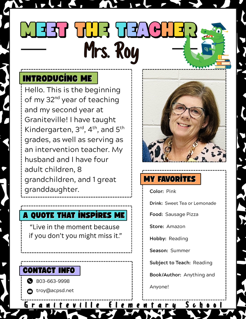 Image is a flyer introducing Mrs. Roy, who is a fourth grade teacher at Graniteville Elementary School. She is wearing glasses and smiling at the camera.