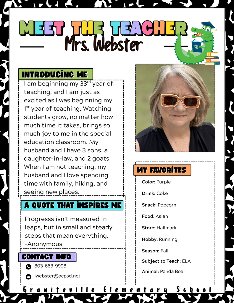 Image is a flyer introducing Mrs Webster. , a special education teacher at Graniteville Elementary School. She is wearing a black shirt and smiling at the camera.