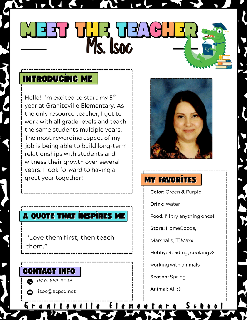 Image is a flyer introducing Ms. Isoc, a resource teacher at Graniteville Elementary School. She smiling at the camera.