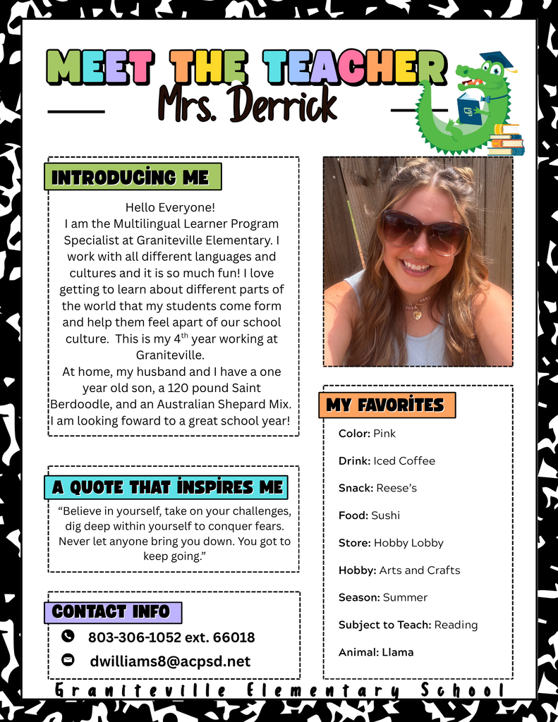 Image is a flyer introducing Mrs. Derrick, who is the multilingual learning teacher at Graniteville Elementary School. She is wearing a white shirt and smiling at the camera.