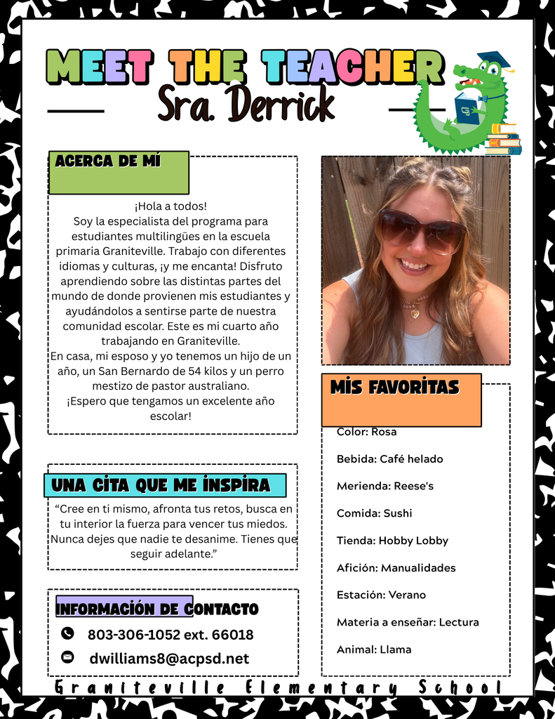La imagen es un folleto que presenta a la Sra. Derrick, maestra de aprendizaje multilingüe de la Escuela Primaria Graniteville. Lleva una camisa blanca y sonríe a la cámara.
