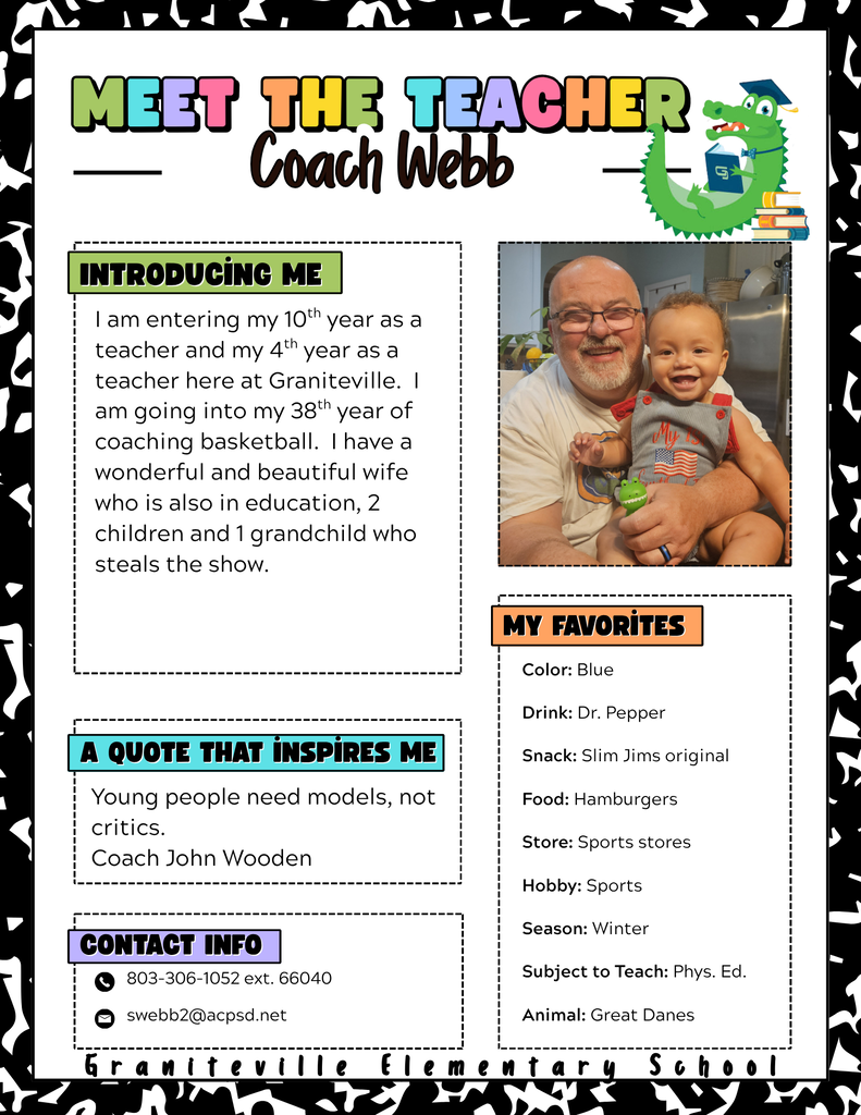 Image is a flyer introducing Coach Webb, who is a PE coach at Graniteville Elementary School. He is holding a baby and smiling at the camera.