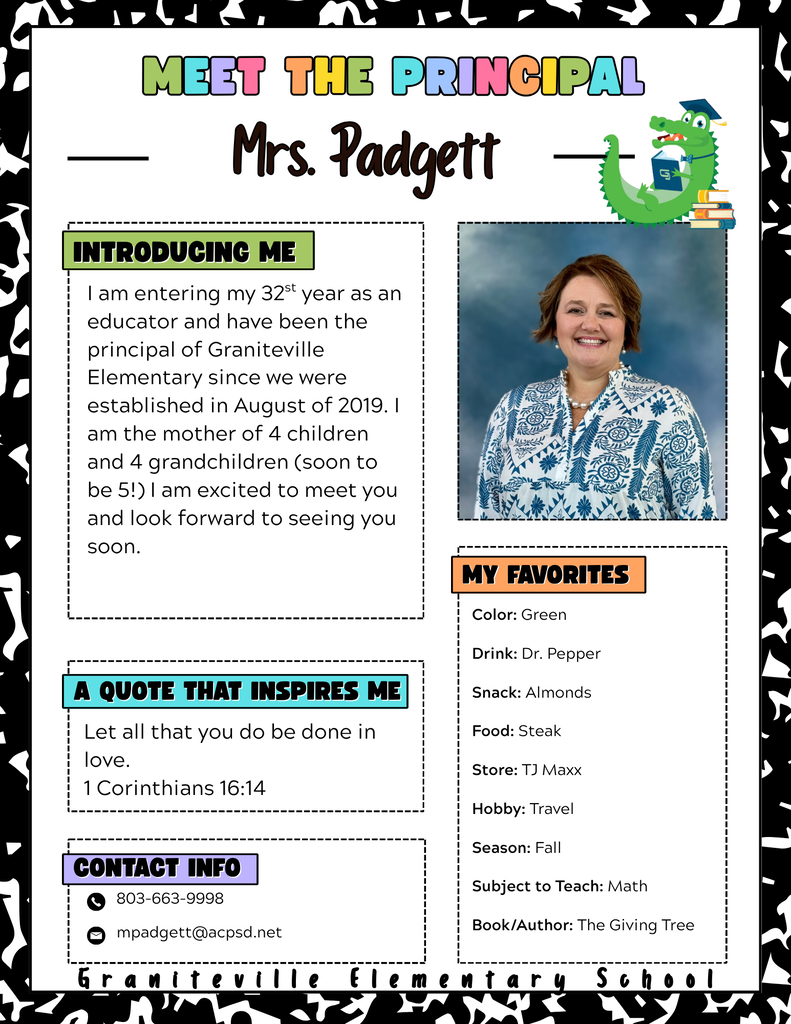 Image is a flyer introducing Mrs. Padgett, who is the Principal of Graniteville Elementary School. She is wearing a blue and white top and smiling at the camera.