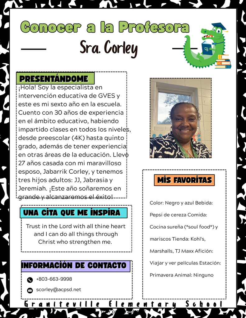 La imagen es un folleto que presenta a la Sra. Corley, quien es especialista en intervención en la Escuela Primaria Graniteville. Lleva una camisa blanca y negra y sonríe a la cámara.