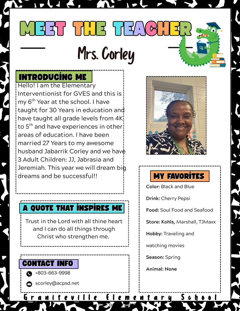 Image is a flyer introducing Ms Corley, who is an interventionist at Graniteville Elementary School. She is wearing a black white shirt and smiling at the camera.