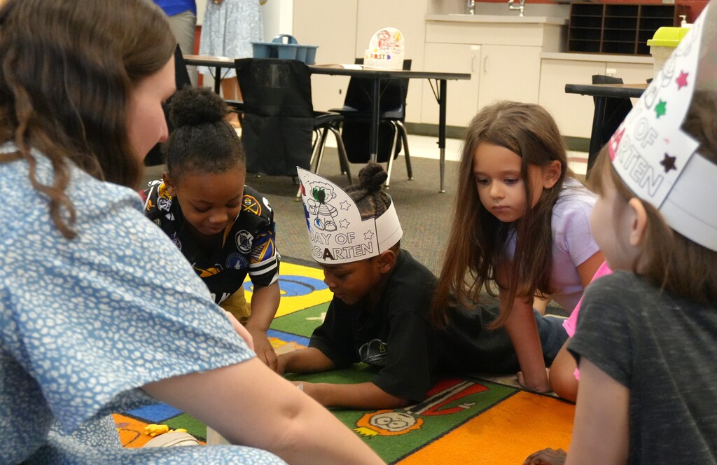 Kindergarten students, who practiced counting numbers, are taking part in staggered start - a way for students to slowly transition into the classroom.