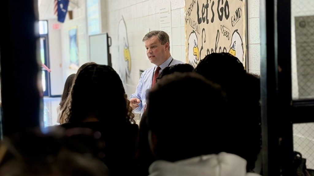 Dr. Ryan Ashley speaks to Kennedy Middle School students on Day 1.