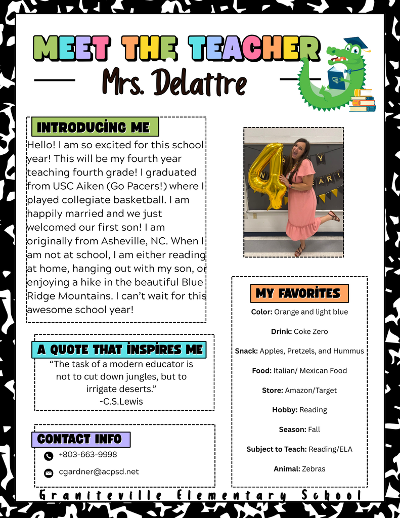Flyer to introduce teacher Mrs. Delattre. She is pictured wearing a pink dress and smiling at the camera.