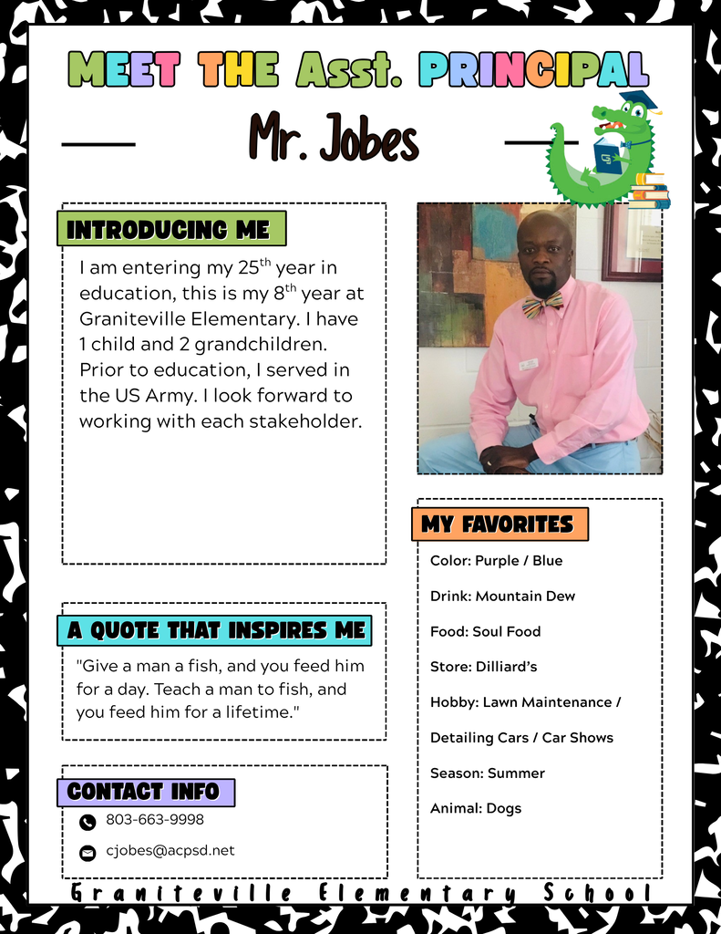 Flyer introducing Clyde Jobes, the assistant principal at Graniteville Elementary. He is wearing a pink shirt and a bowtie.