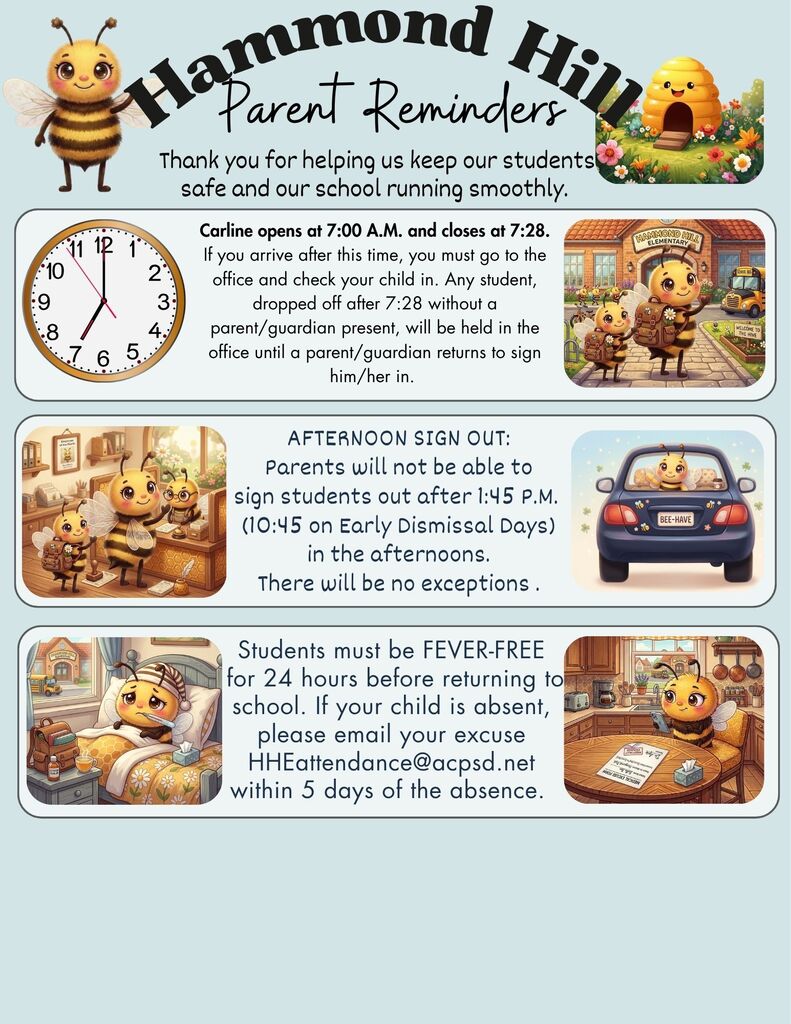 bees going to school, riding in cars, a bee laying in bed sick and a bee snapping a picture of a dr note with reminders about dismissal, arrival and attendance notes