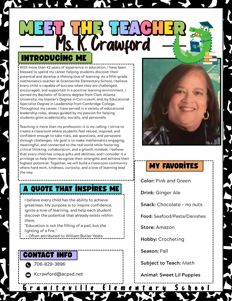 Flyer introducing Ms. Crawford, a fifth grade teacher at Graniteville Elementary. Ms. Crawford is pictured wearing black and smiling at the camra.