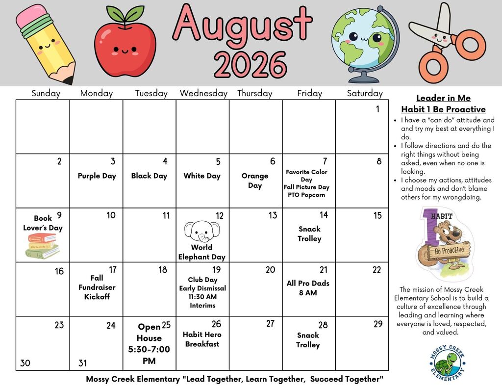 August 2026 calendar for Mossy Creek Elementary