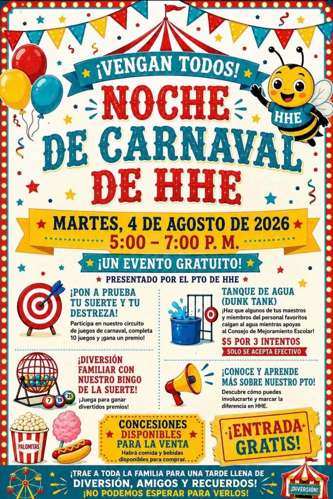 carnival themed image with information about Carnival Aug. 4 from 5-7 with details written in Spanish