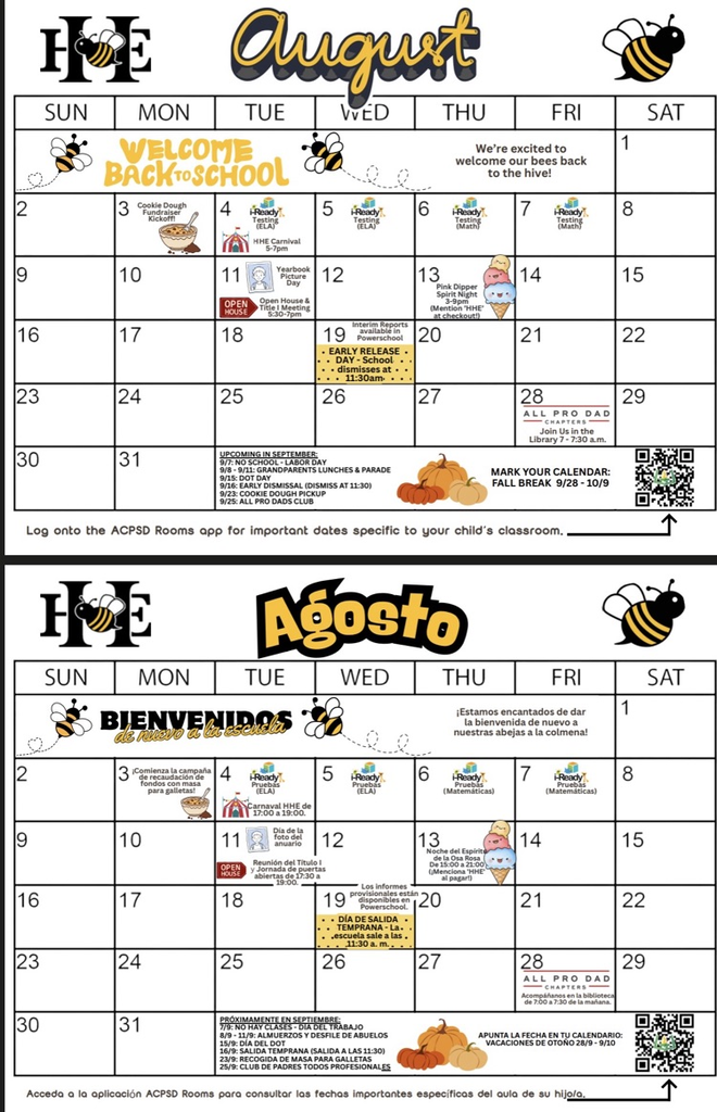 august calendar featuring August events with bees and HHE logo