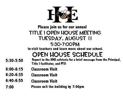 HHE logo with details regarding Open House Aug. 11 from 5:30-7