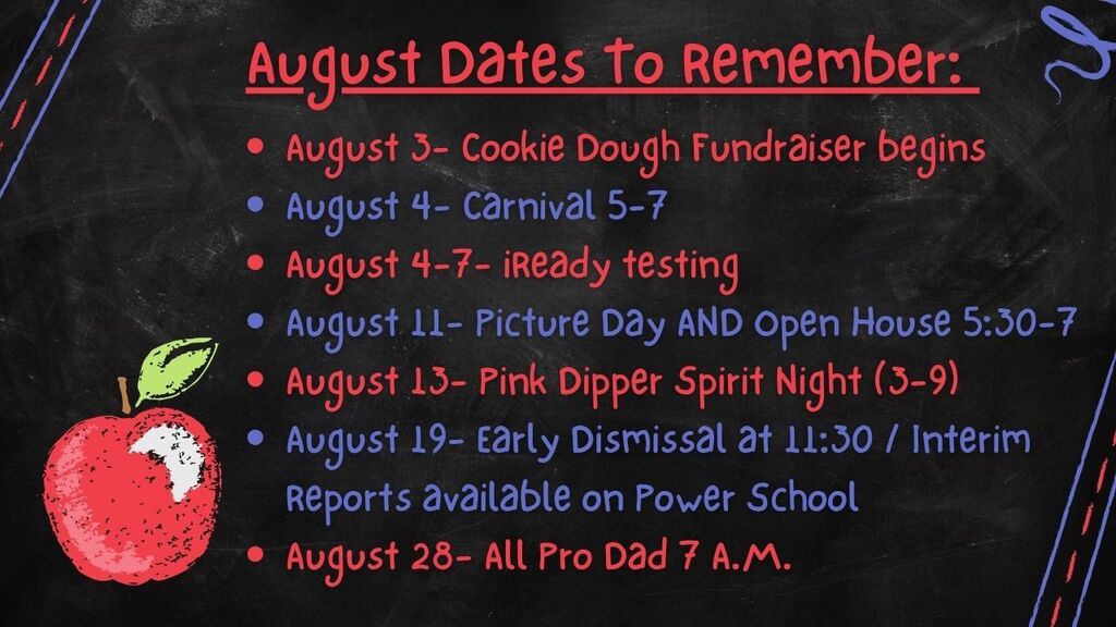 apple on a chalkboard background with dates for upcoming August events