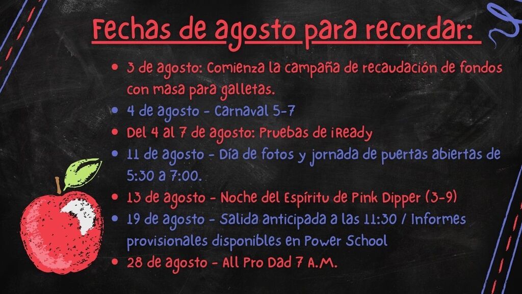 apple on a chalkboard background with dates for upcoming August events in Spanish