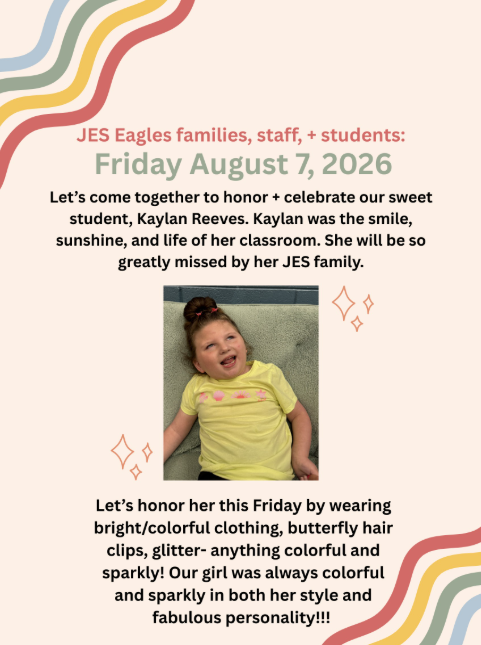 A flyer has rainbow colors in two corners and a picture of a little girl.