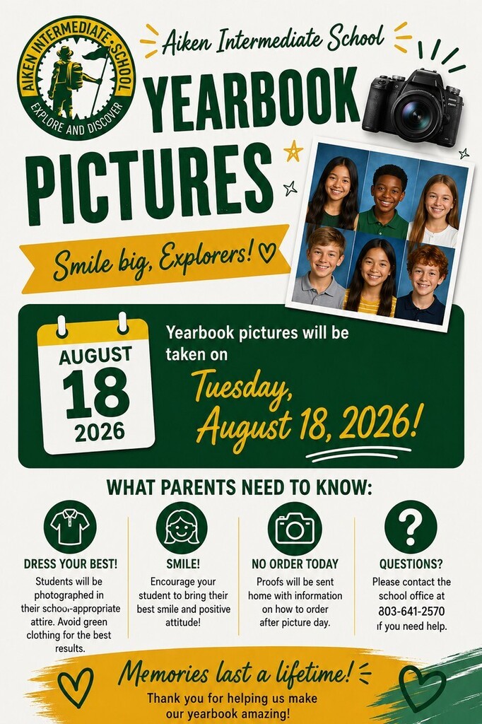Yearbook Pictures will be taken on Tuesday, August 18th. Dress your best and smile!