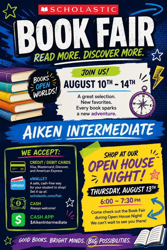 Scholastic Book Fair going on Monday, August 10 - Friday, August 14th. All forms of payment are accepted including cash app and e-Wallet. The Book Fair will also be open during Open House on Thursday evening from 6:00-7:30 pm. We hope to see you there!