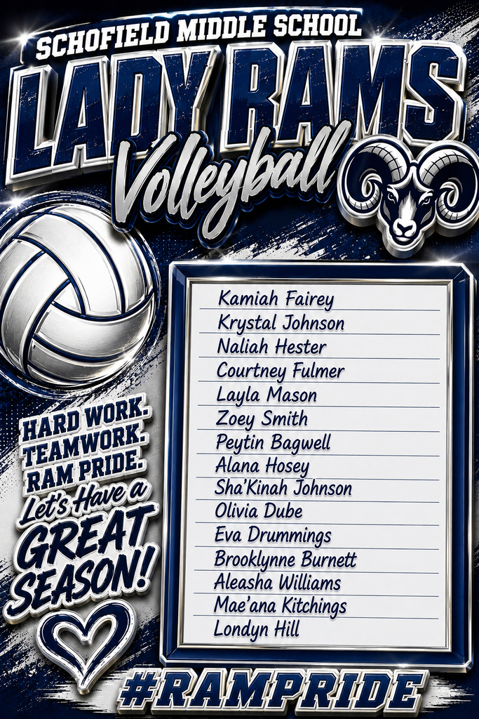 Flyer with a blue background , a picture of a volleyball and a ram.