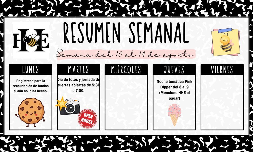 black journal background stating events for the week with images of a cookie, camera and ice cream in spanish