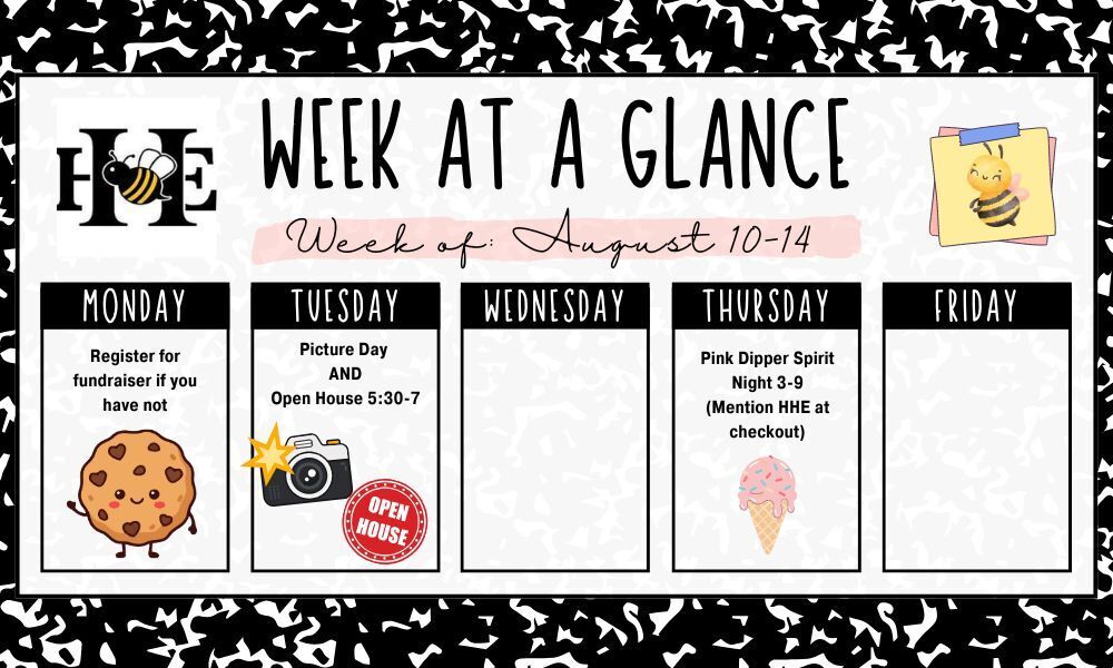 black journal background stating events for the week with images of a cookie, camera and ice cream