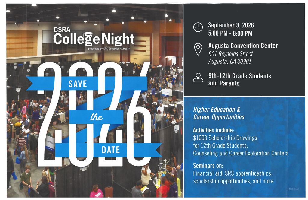 Event flyer for College Night with a crowd in a hall. Dates, times, and locations are displayed.