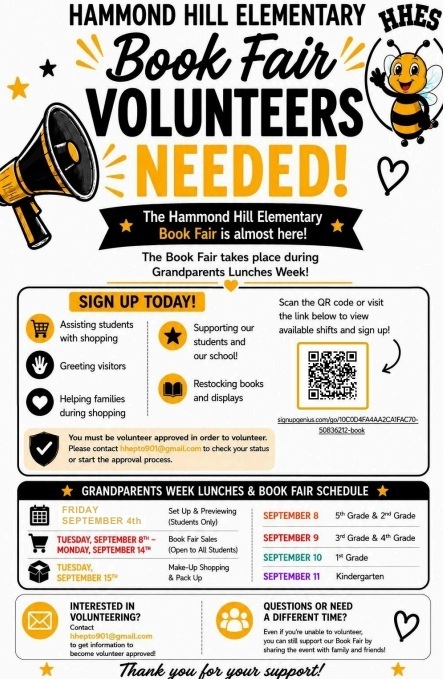 An advertisement for the Hammond Hill Elementary Book Fair features a megaphone, QR code, and volunteer sign-up details. It highlights volunteer roles and dates.