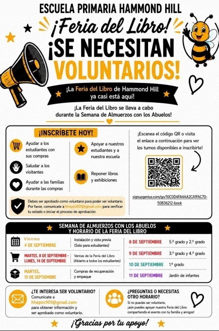 An advertisement poster for the Hammond Hill Primary School's Book Fair. It includes a bee, a megaphone, and a QR code. It requests volunteers and lists details about the event.