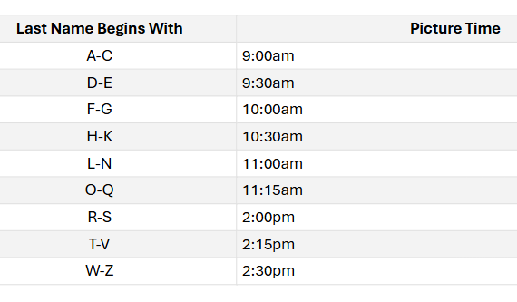 Table showing last name initials and corresponding photo appointment times, set against a white background.